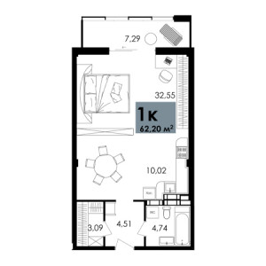 1 комнатная 62.2м²