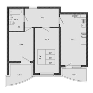 2 комнатная 63.7м²