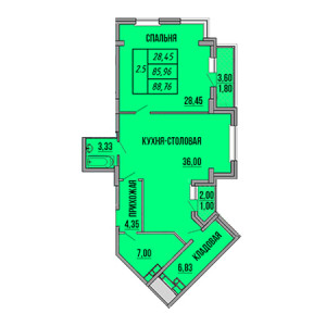 1 комнатная 88.76м²