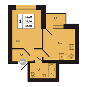 1 комнатная 34.4м²