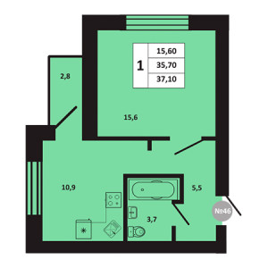 1 комнатная 37.1м²