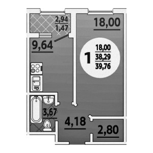 1 комнатная 39.76м²