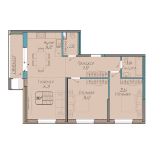 3 комнатная 74.78м²