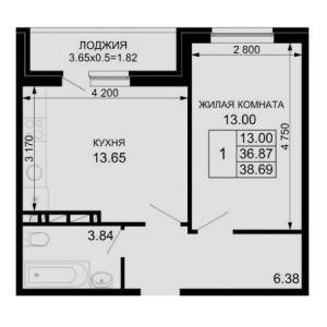 1 комнатная 38.69м²