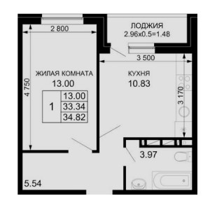 1 комнатная 34.82м²