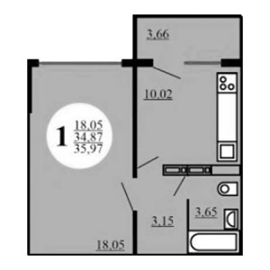 1 комнатная 35.97м²