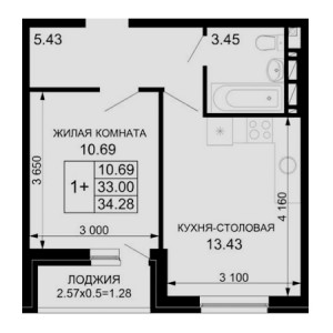 1 комнатная 34.28м²