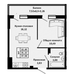 1 комнатная 37.58м²