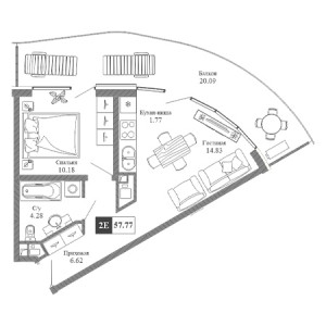 2 комнатная 57.77м²