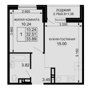 1 комнатная 33.89м²