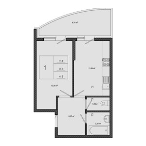 1 комнатная 41.2м²