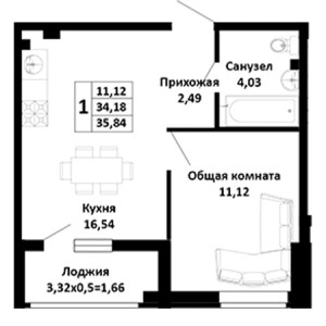 1 комнатная 35.84м²