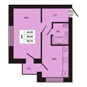 1 комнатная 38.75м²