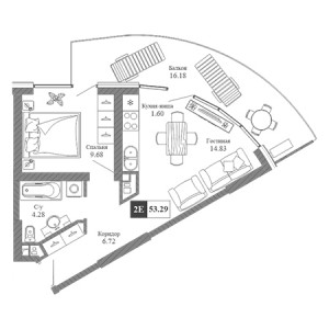 2 комнатная 53.29м²