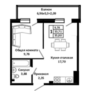 1 комнатная 35.8м²