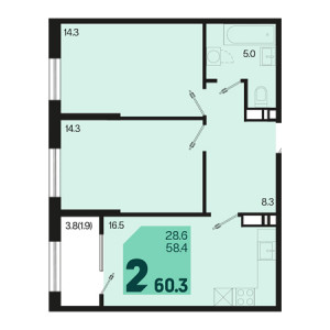 2 комнатная 60.3м²