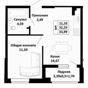 1 комнатная 33.99м²