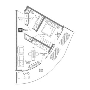 2 комнатная 58.03м²