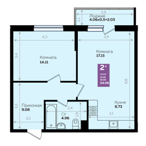 1 комнатная 54.06м²