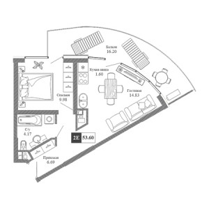 2 комнатная 53.6м²