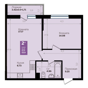 1 комнатная 53.9м²