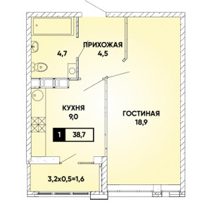 1 комнатная 38.7м²