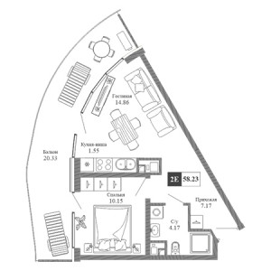 2 комнатная 58.23м²