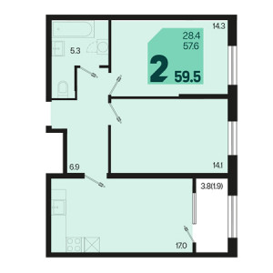 2 комнатная 59.5м²