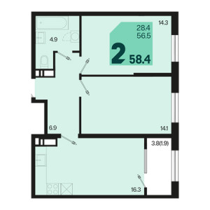 2 комнатная 58.8м²