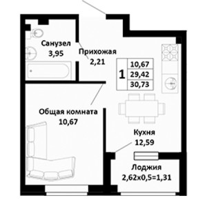 1 комнатная 30.73м²