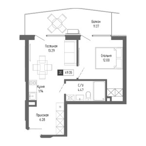 2 комнатная 49.35м²