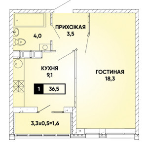 1 комнатная 36.5м²