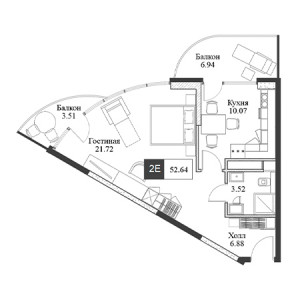 2 комнатная 52.64м²