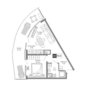 2 комнатная 58.41м²