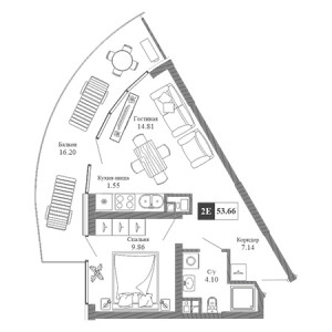 2 комнатная 53.66м²