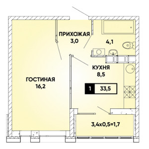 1 комнатная 33.5м²