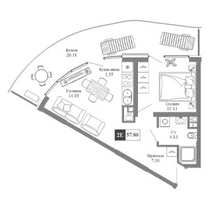 2 комнатная 57.86м²