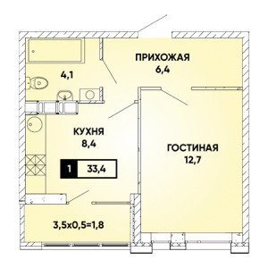 1 комнатная 33.4м²