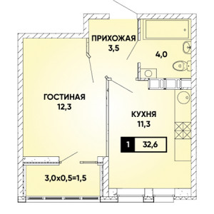 1 комнатная 32.6м²