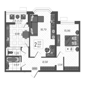 2 комнатная 60.1м²