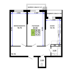 2 комнатная 74.41м²