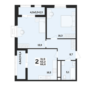 2 комнатная 66.6м²