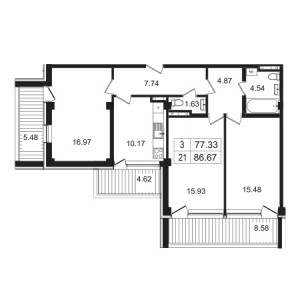 3 комнатная 86.67м²