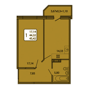 1 комнатная 45.42м²