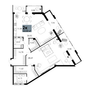 2 комнатная 163.52м²