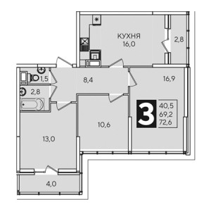 3 комнатная 72.6м²