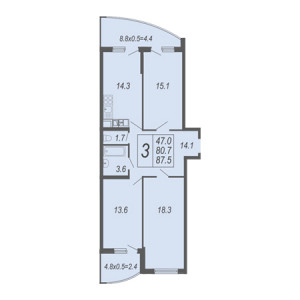 3 комнатная 87.5м²