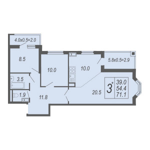 3 комнатная 71.1м²