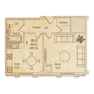 1 комнатная 49.53м²