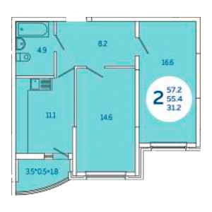 2 комнатная 57.2м²